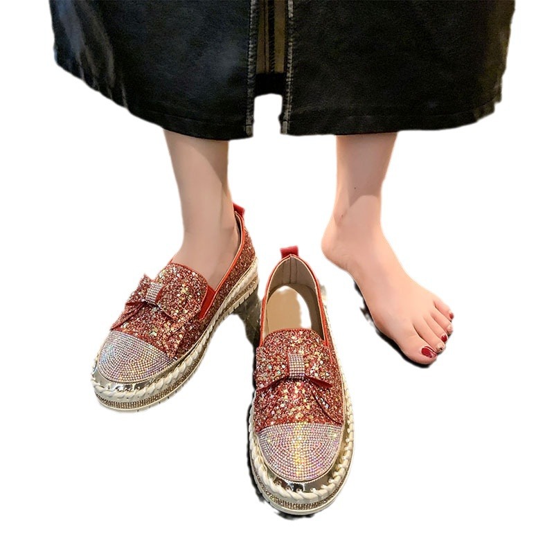 Damenschuhe Strass Plateau Loafer flache dicke Sohlen Freizeitschuhe für Damen Frühling und Herbst neue Bowknot Glitzer Pailletten Einzelschuhe_voghion.com