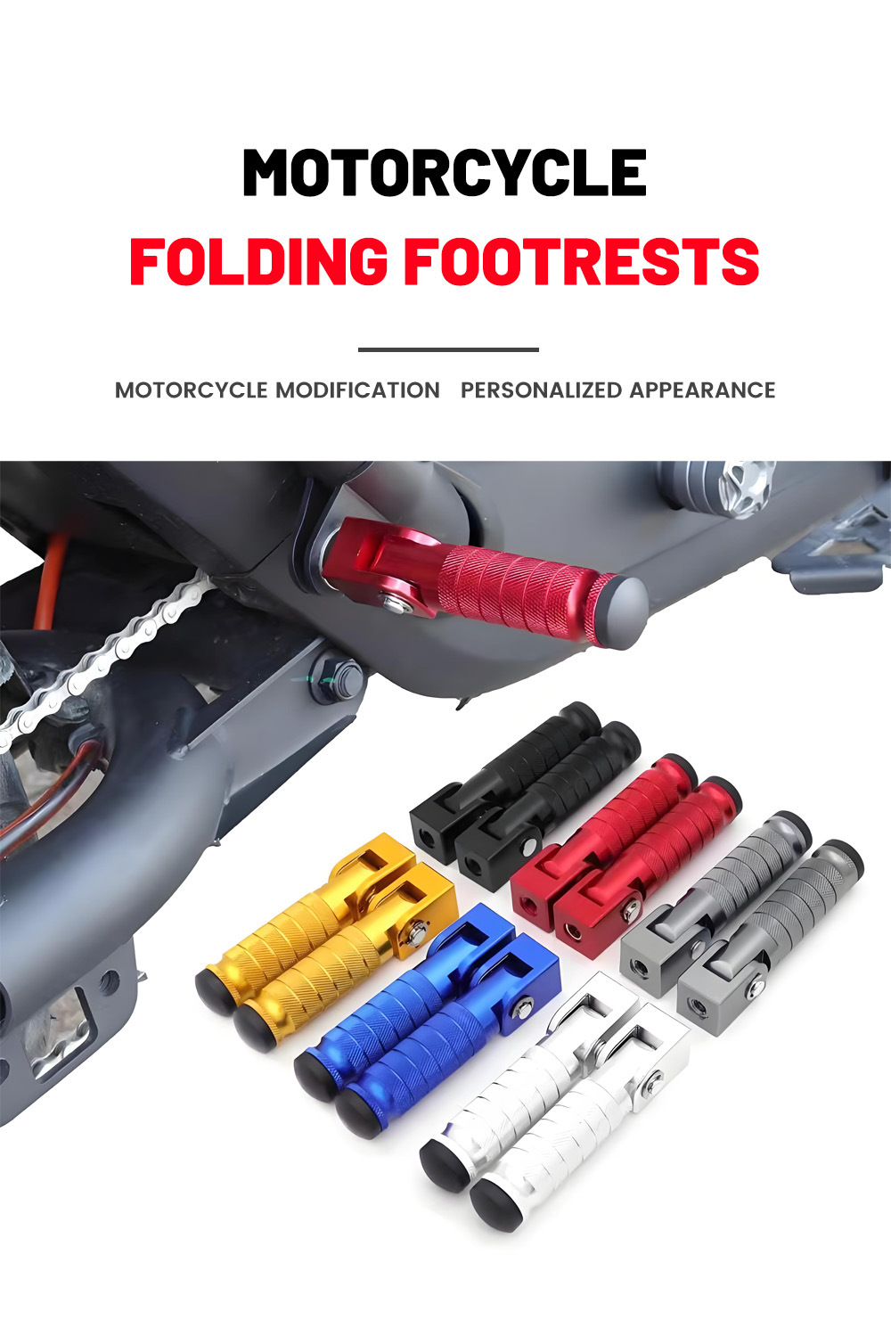 Motorcycle accessories: Aluminum alloy footrests, modified CNC folding footrests, rear footrests, safety guards, and additional foot pegs