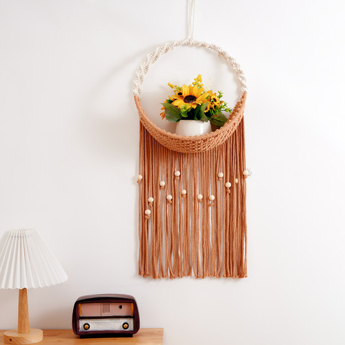 New Nordic hand-woven potted net pocket tapestry green plant rack cotton rope tassel wall decoration wall hanging