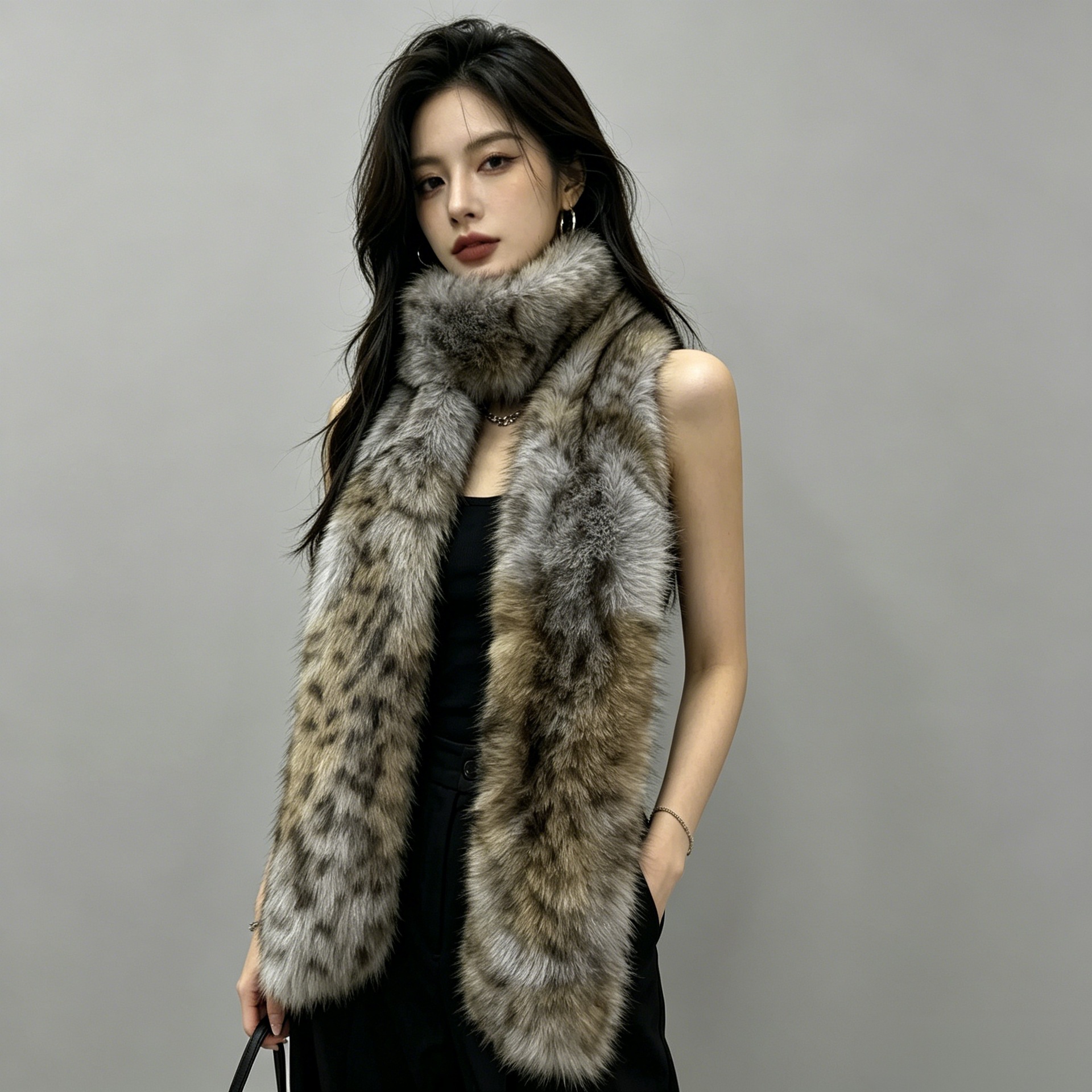 2026 New Style Pure Desire Leopard Print Scarf with a High-End Feel, Fox Fur Neck Warmer, Fashionable and Versatile for Autumn and Winter, in Stock
