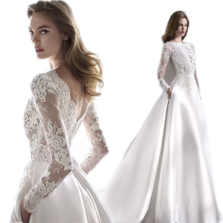Cross-border supply round-neck long-sleeve A-line full-skirted wedding dress with deep V-neck, open back, and train for bridal church wedding photoshoot