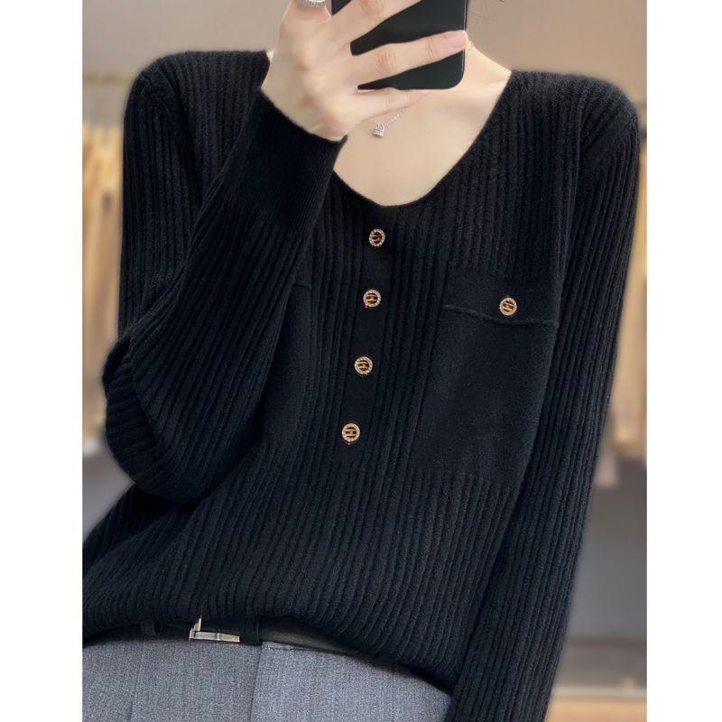 【 Cashmere Family】 Maglione con cappuccio e scollo a V, stile corto, temperamento sciolto, maglione di base in lana, maniche lunghe da donna_voghion.com