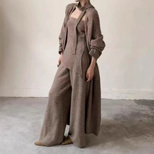 秋冬款老钱风针织套装女韩系宽松长款开衫不规则抹胸阔腿裤三件套