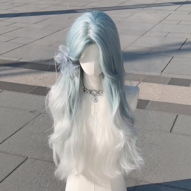 Forehead Lace Style Spring and Summer New Ice Blue Gradient Long Curly Hair Natural Realistic Wig Full Head Set