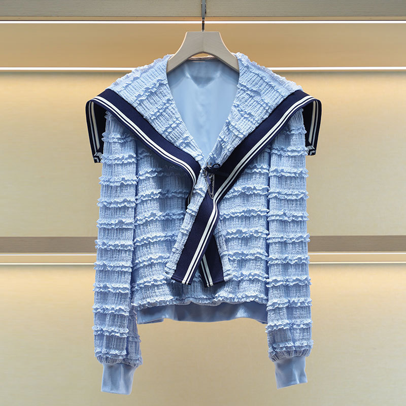 Mo Shu Wei Ya 2024 Winter New Navy Collar Contrast Color Lace Stripe Long Sleeve Pullover Niche Knitwear 1128A