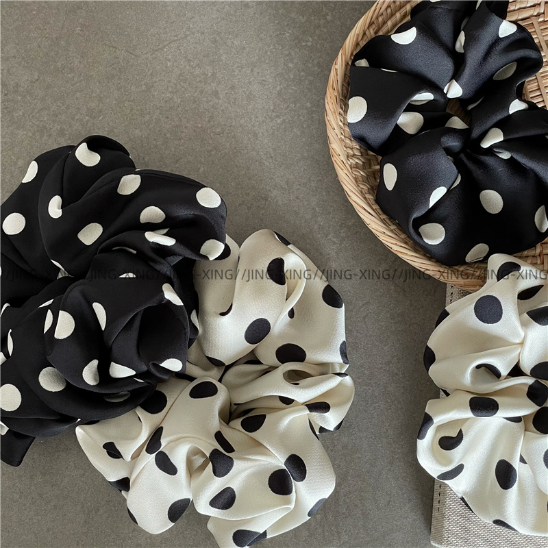 Elegant Black And White Contrasting Polka Dot Scrunchie, High-quality Satin Texture Fabric Hair Tie For Ponytails_voghion.com