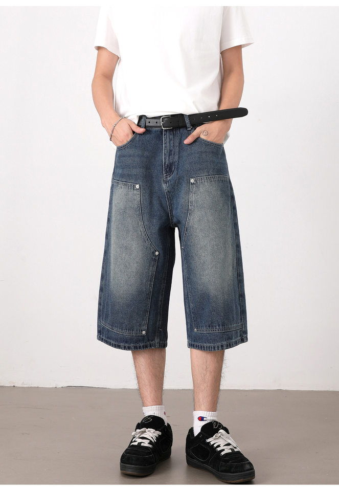 Quần jean nam ống suông rộng lửng giặt mài phong cách retro — Denim đen, Xanh nhạt, Xanh đậm chi tiết 14