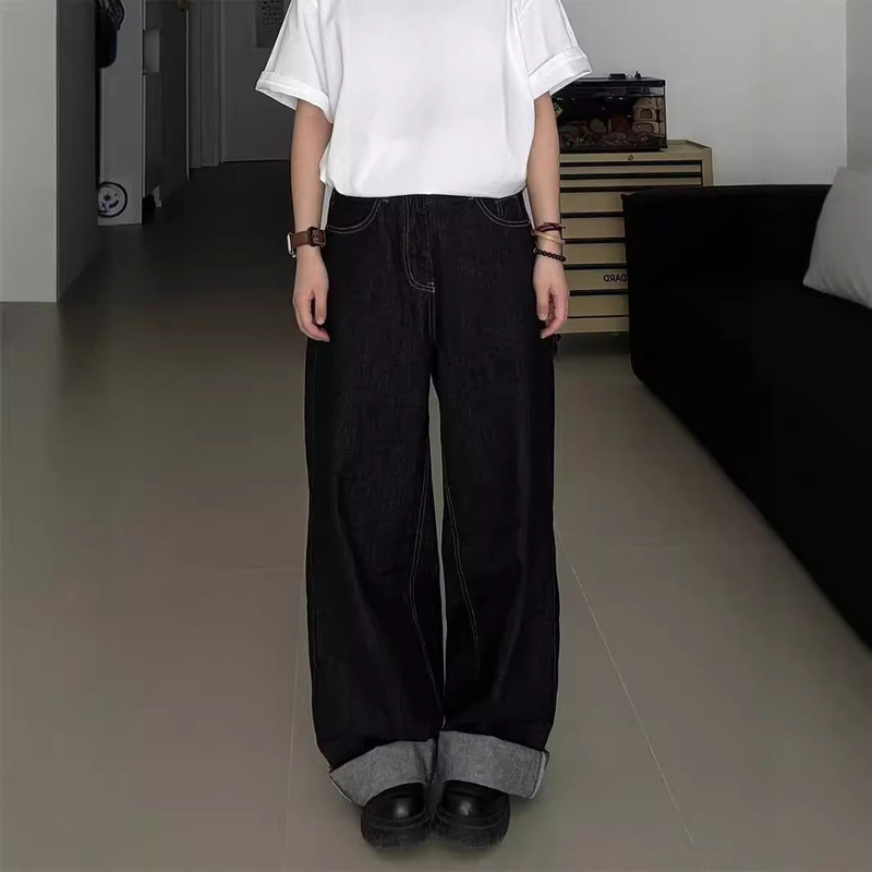 Vintage Design Sense White Edge Stitching Loose Turn-up Jeans Atmosphere Sense Straight Profile Trousers for Men and Women