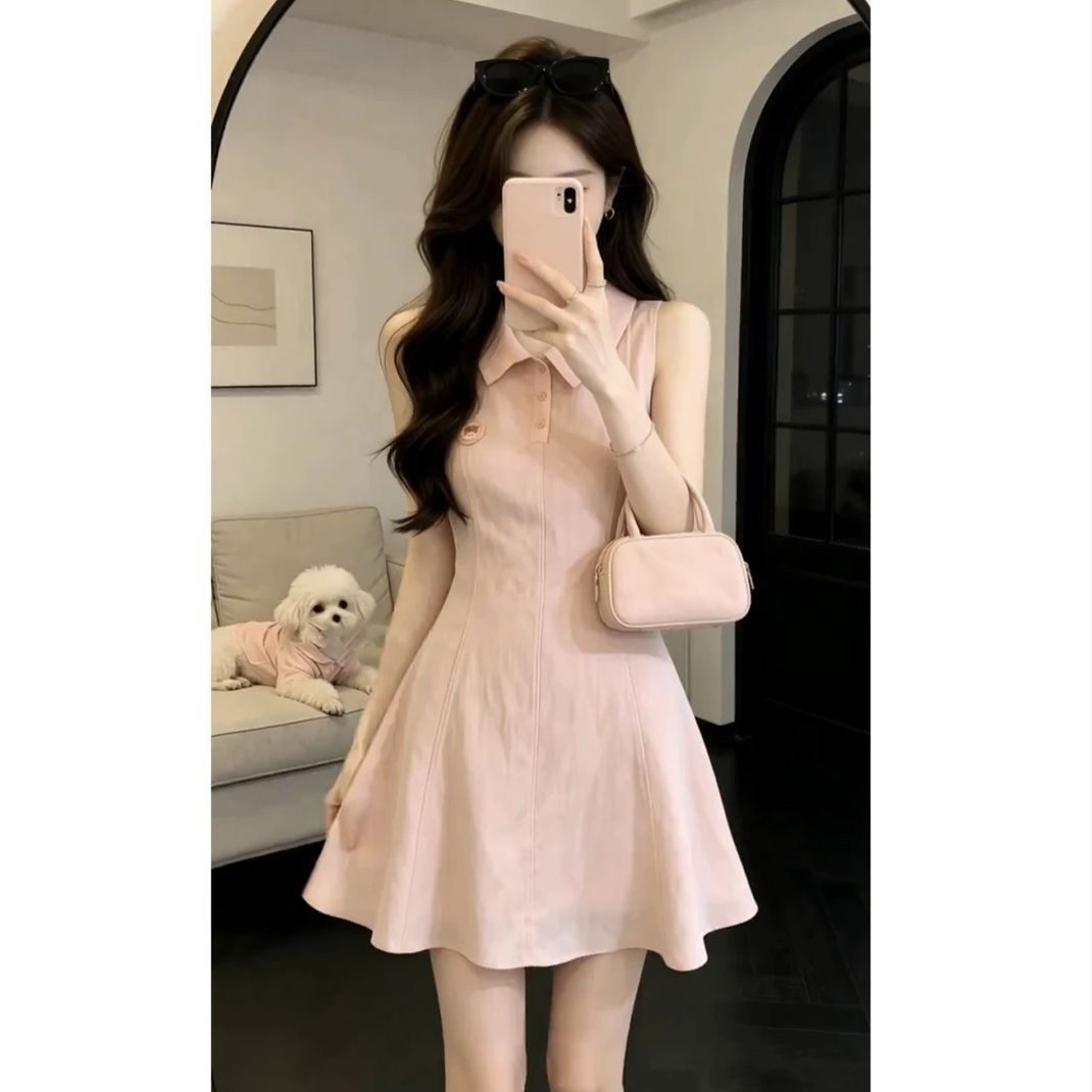 French-Style Sweet Pink Sleeveless Vest Dress for Women, 2026 Summer, Elegant Waist-Cinching Design, Dress 9607