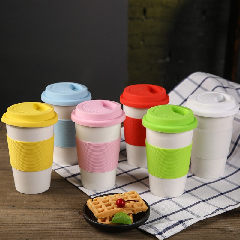 厂家批发 热转印涂层随手杯 单层隔热带硅胶盖插勺杯 陶瓷乐扣杯