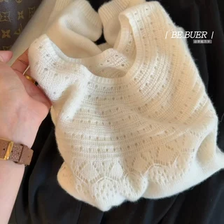 无缝一体羊驼绒秋冬季宽松慵懒风羊毛镂空针织衫显瘦通勤气质上衣