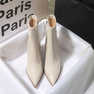 Pointed fleece-lined short boots women's 2024 autumn and winter new thick heel texture 35-42 plus size high heel women's shoes