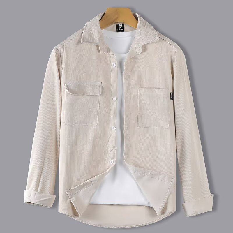 Teenager Texture Long Sleeve Shirt Spring Design Sense Solid Color Pocket Casual Shirt Handsome Lapel Elastic Trendy