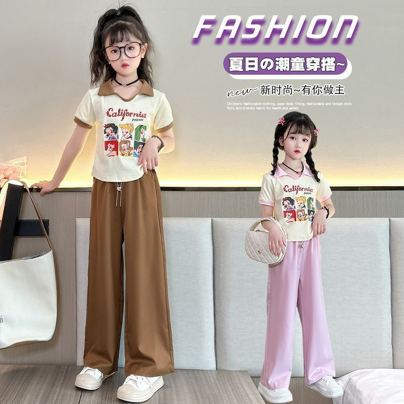 Traje de pantalones anchos casuales de verano para niñas 2023 nueva ropa de estilo occidental de moda traje de dos piezas de manga corta de verano