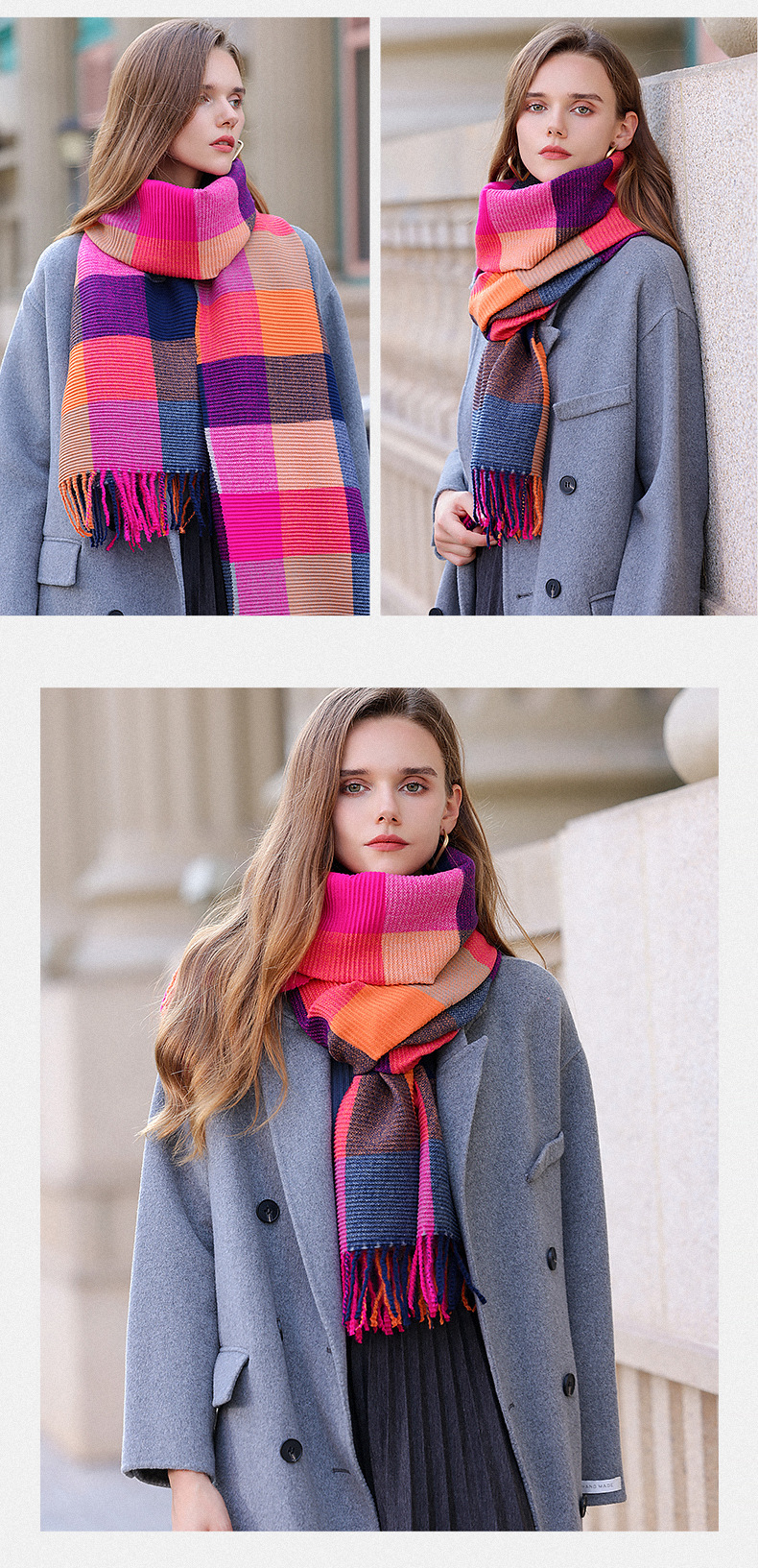 630g Weight Scarf Classification Holiday, Daily Occasion Imitation cashmere Material Color Block Pattern Winter Season Women's Gender Tassel Design Basic Style Women's Basic Color Block Imitation Cashmere Tassel Scarf