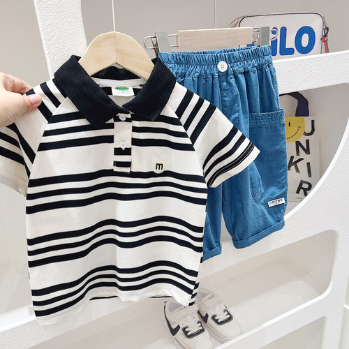 2024 summer new children's short-sleeved POLO shirt boys striped letter lapel T-shirt medium and large children's baby tops