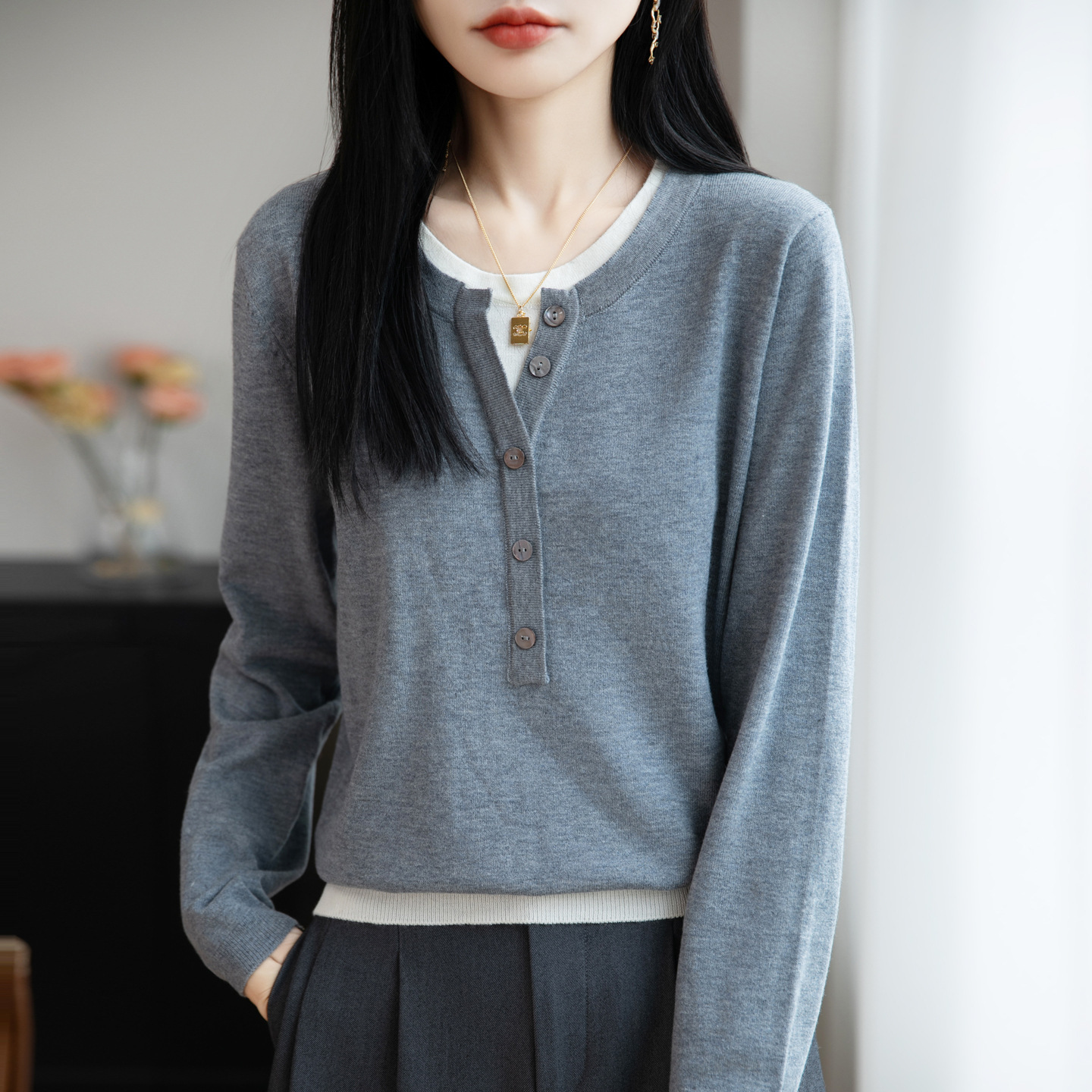 女韩版减龄内搭上衣简约百搭打底针织衫女秋冬新款假两件撞色毛衣