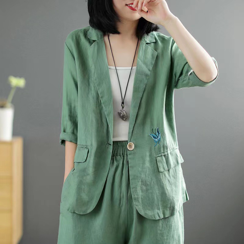 (2개) 봄과 가을 기질 캐주얼 면화와 리넨 나비 자수 세트 유행 카디건 패션 스포츠 세트 대외 무역 도매