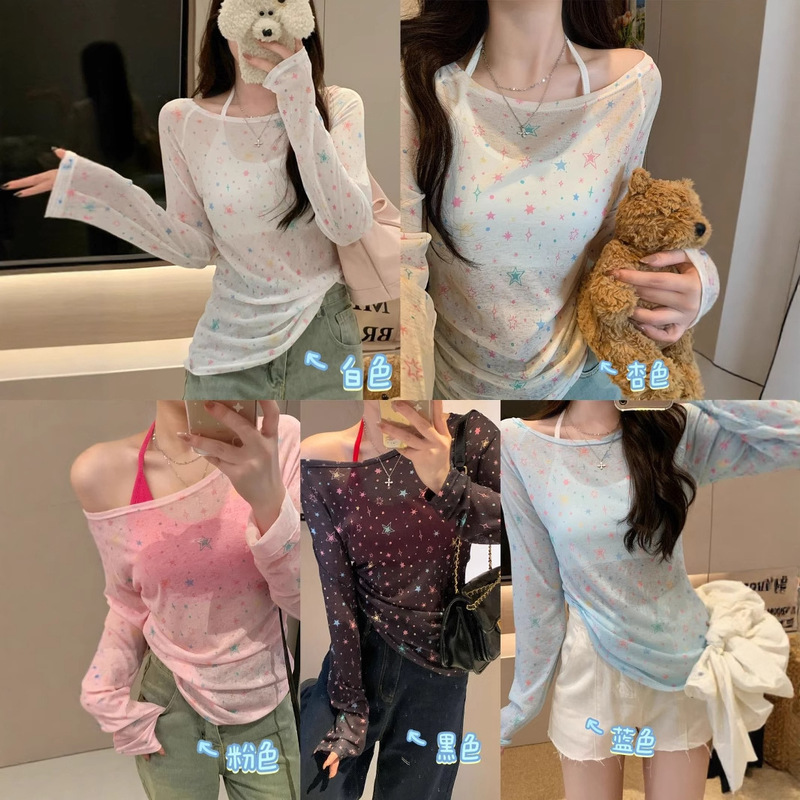 Xinbangbang Sweet Cool Hot Girl One-Shoulder Long-Sleeved Star Sunscreen Blouse + Suspender Suit T-Shirt Pure Desire Two-Piece Set
