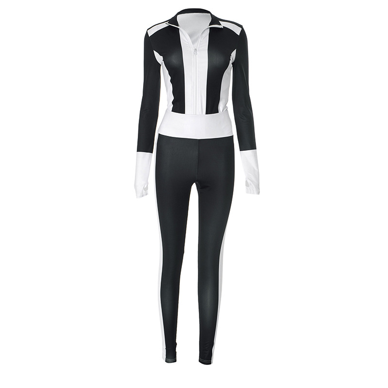 Women Clothing Autumn Winter Contrast Color Stitching Finger Fit Design Zipper Collared Cardigan Tight High Waist Suit