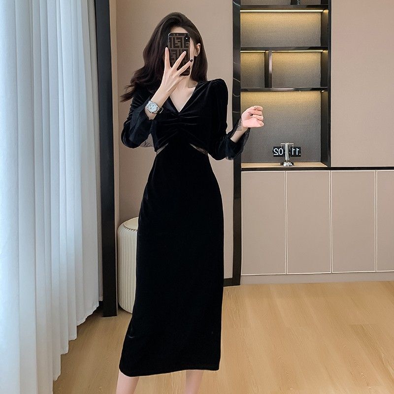 欧美跨境亚马逊黑色长袖金丝绒连衣裙v领网纱露腰包臀开叉中长裙|undefined