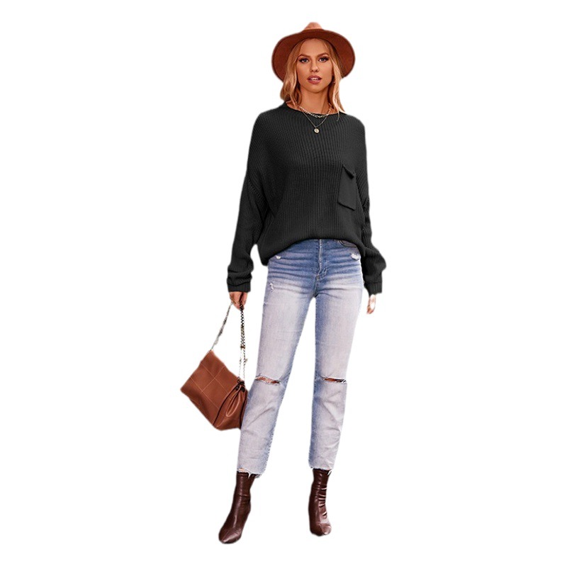 2023 invierno Amazon nuevo Batwing manga pequeño cuello alto suéter europeo y americano color sólido bolsillo suéter de las mujeres