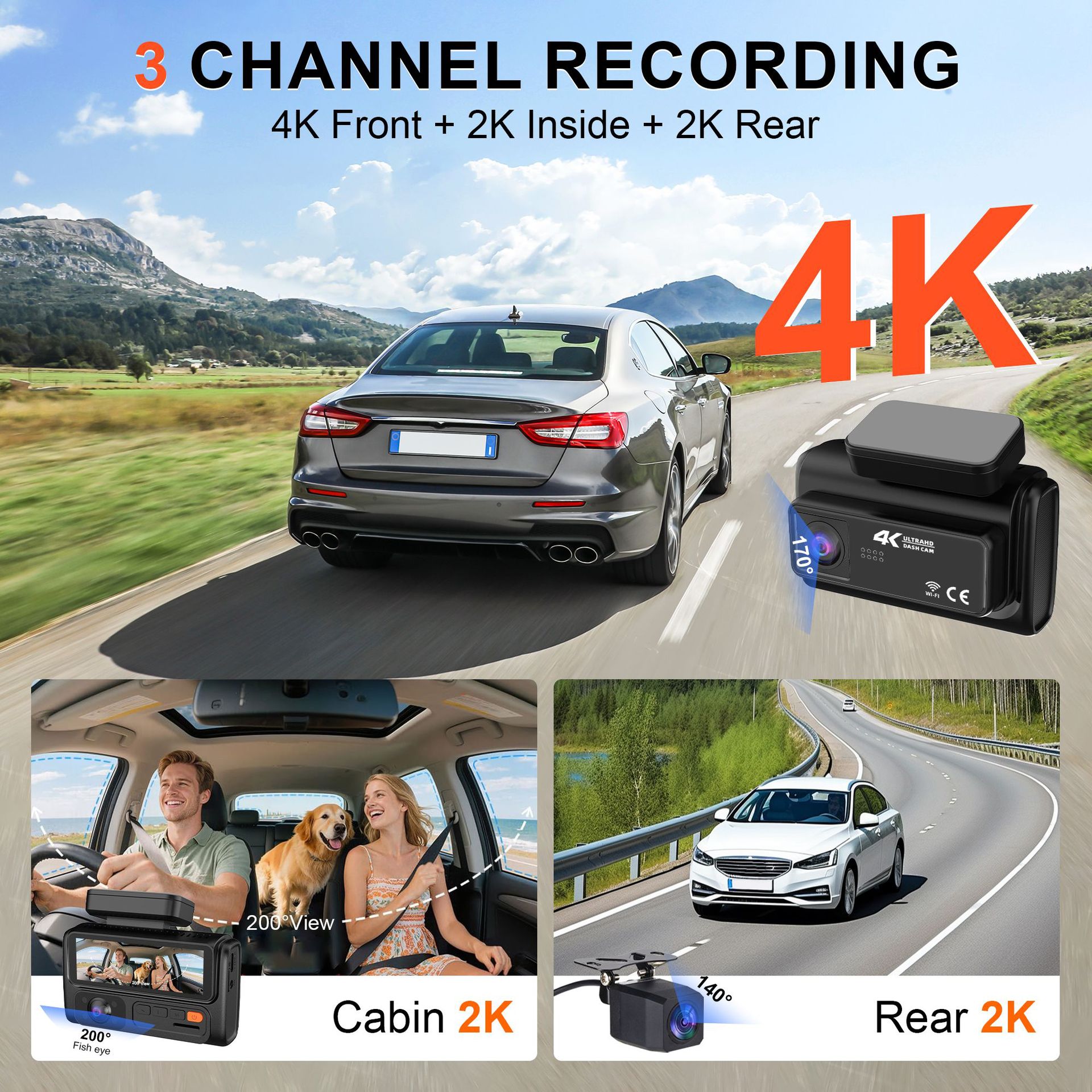 Night Vision Three-Lens 4K Wifi Connected Parking Monitoring Reversing Image Dash Cam 24-Hour Parking Monitoring