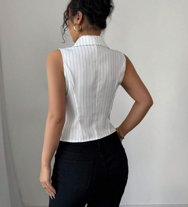 2025 European And American Elegant Fashion Slim Fit Striped Sleeveless Top Shirt_ecoleips.com