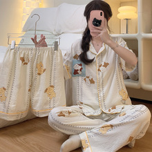 跨境春夏季呆萌小狗印花睡衣短袖三件套云朵棉女可外穿家居服批发