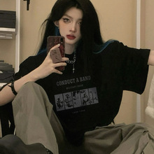 黑色宽松短袖T恤女2024夏季新款纯棉圆领体恤设计感小众半袖上衣