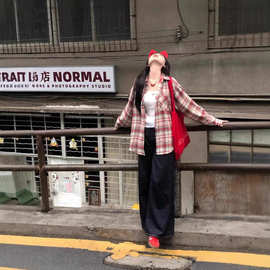 春秋红色格子长袖衬衫男女美式高街宽松休闲百搭设计感衬衣ins潮