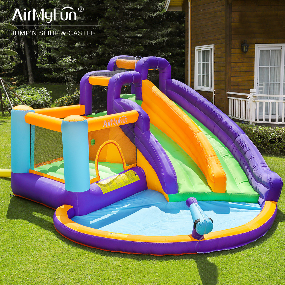 AMF | Hogar agua aerosol Castillo los niños tobogán inflable rociador de agua diapositiva inflable trampolín hogar pequeño