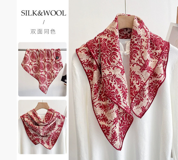 2025春秋冬新型高級シルクウールマフラー女性ファッション気質プリントストール両面シルクスカーフ