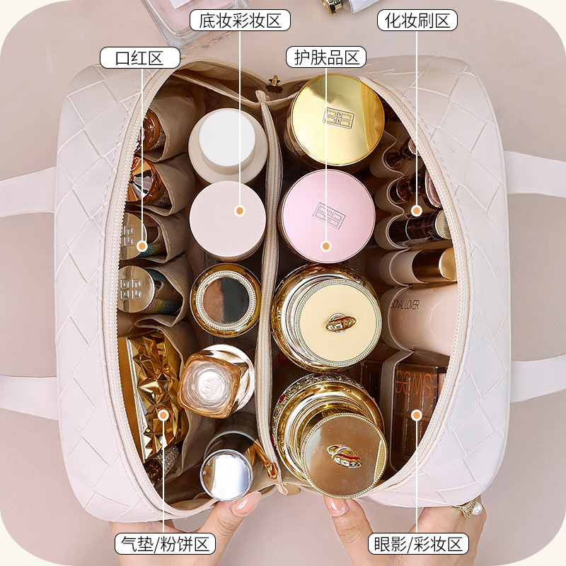 Bolsa de lavado de sensación avanzada de media curva de luna de rejilla tejida nuevo almacenamiento de partición impermeable de cosméticos tagi portátil de gran capacidad