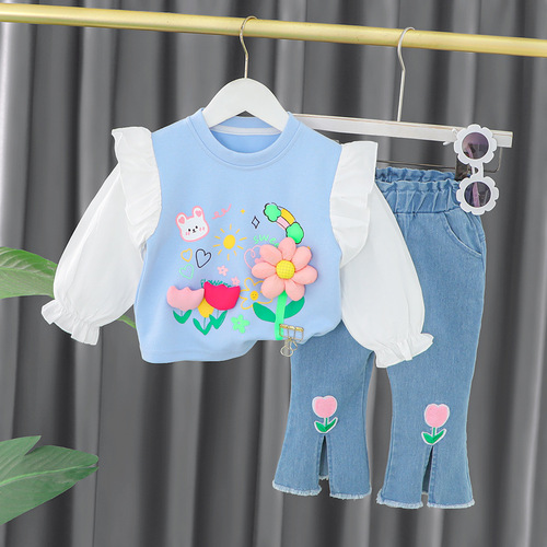 Girls lace sleeve suit long-sleeved spring style princess fashion  baby girl children spring and autumn fashionable Korean version