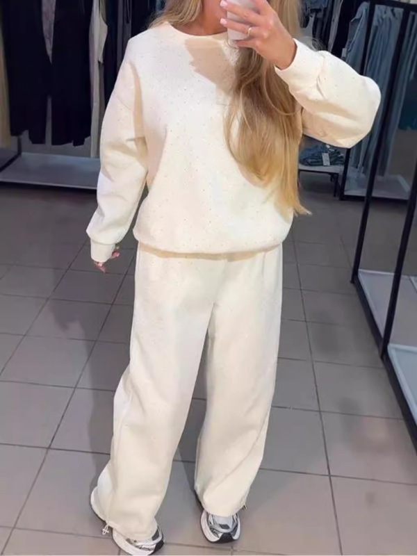欧美跨境2025秋冬爆款女装休闲圆领长袖卫衣烫钻抽绳束脚裤两件套|undefined