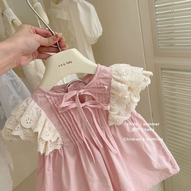 Summer Children's Retro Hollow Flying Sleeve Princess Dress Sweet Pink Dress Girls Skirt Children's Dress Thin Style