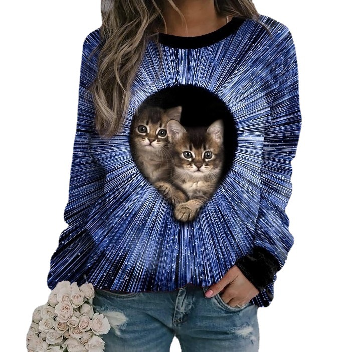2023 primavera y otoño nuevo Amazon gato Delgado imprimir cuello redondo casual mujer europeo y americano suéter manga larga suéter