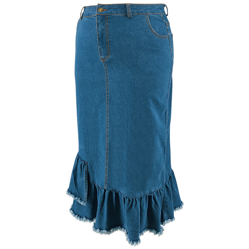 Dames plus size denim rok met kwastjes lang en elegante pasvorm_voghion.com