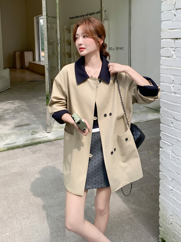 韩系撞色翻领风衣女2025春季新款感休闲宽松小个子中长款外套|undefined