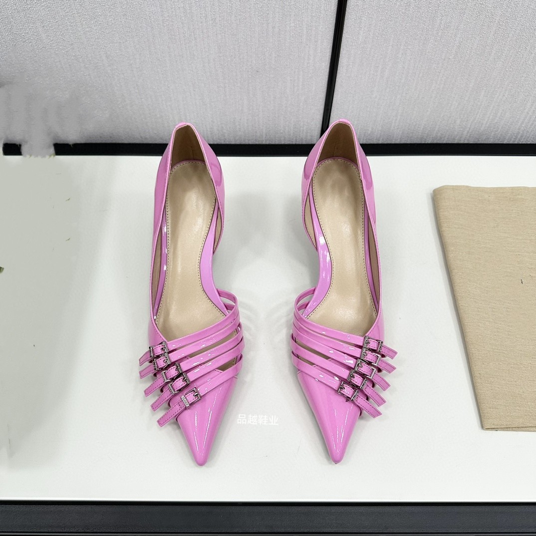 欧美2024新款高定正皮尖头单鞋女多皮带扣细跟性感高跟凉鞋