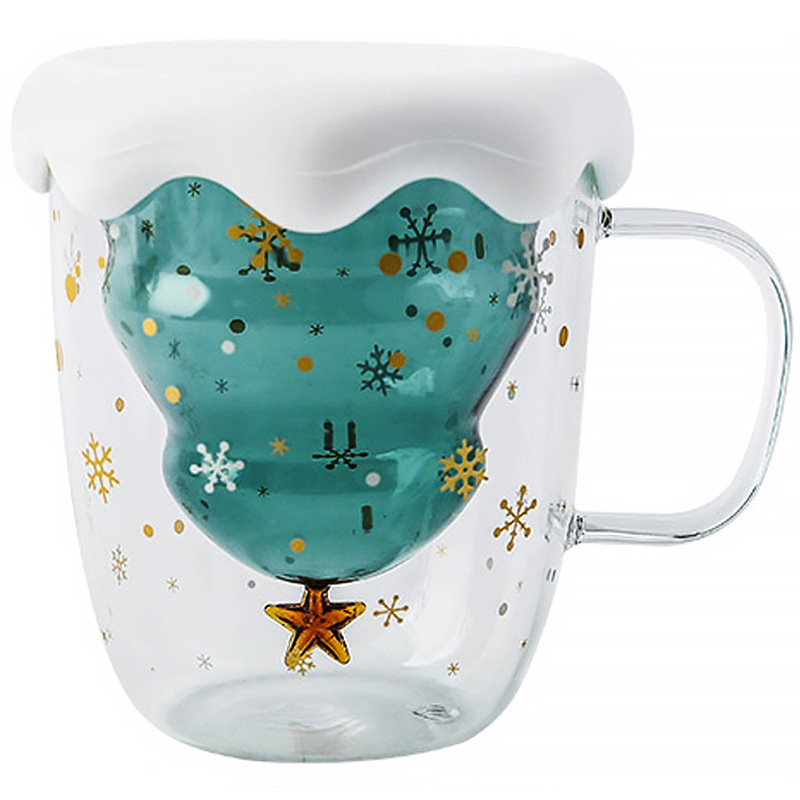 Copa de Navidad de vidrio Taza Linda Taza de regalo de Año Nuevo creativo Taza taza de bebida doméstica de doble capa con tapa