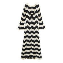 8753-新款女装欧美新款轻熟范系带V领黑白波纹针织连衣裙长袖秋