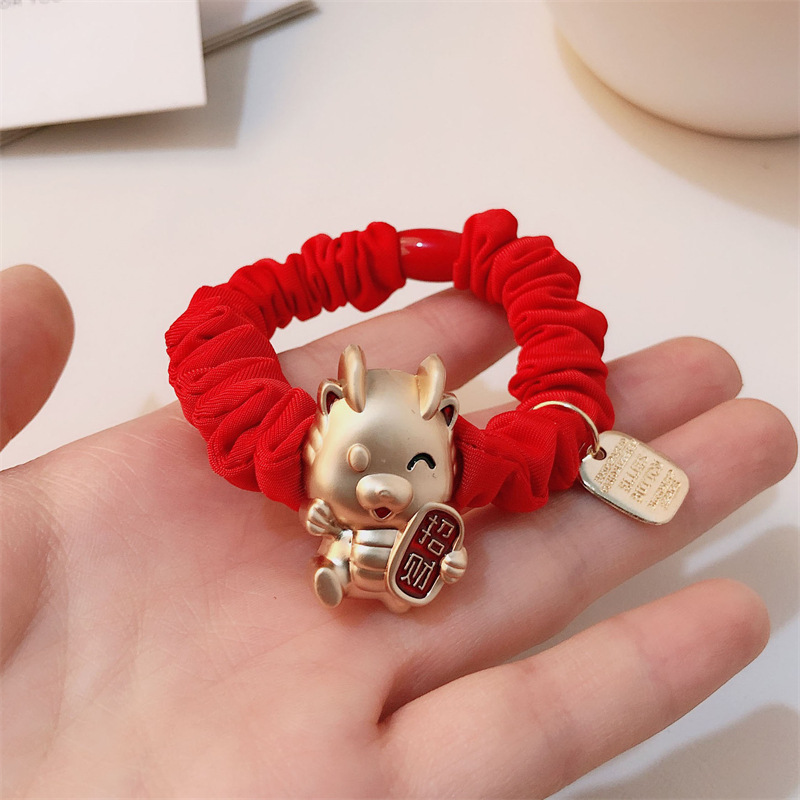 Año del Dragón Zodiaco de alta sensación metal rojo Año Nuevo anillo de cabello de alta altura cuerda elástica cuerda de cabello festiva adornos para el cabello
