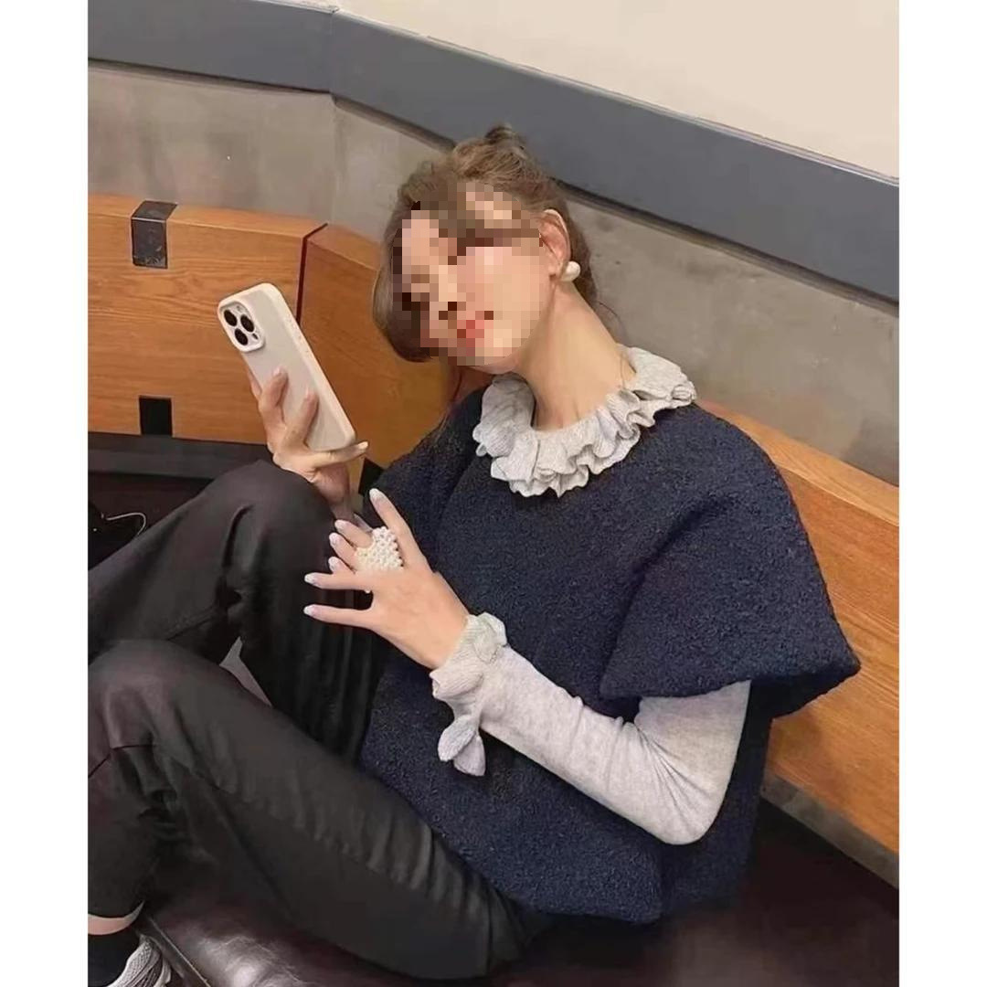 韩系花边高领长袖打底衫+蓬蓬毛呢马甲女2025秋冬新款叠穿套装潮
