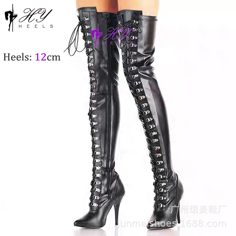 Boot nữ ống dài qua đầu gối gót nhọn 12 cm, form ống thon co giãn — Màu đen
