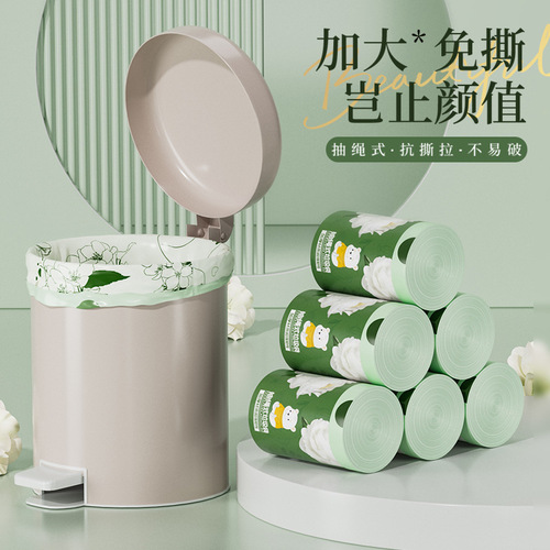 Tea Flower Print Drawstring Trash Bag Household Handheld Drawstring Kitchen Thick Cleaning Large Extra Thick Plastic Bag