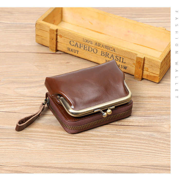 Ví nữ da bò thật cổ điển dạng gấp đựng tiền xu thẻ 11×6×8 cm — Màu đen, Đỏ hoa hồng chi tiết 4