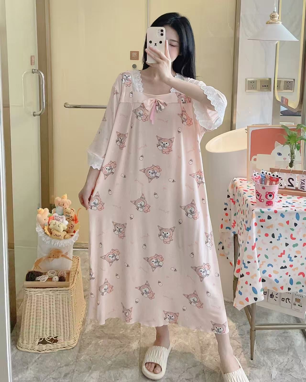 Transfronterizo al por mayor imitación de algodón dulce dibujos animados mangas cortas pijamas de primavera y otoño mujeres verano ropa larga y delgada suelta para el hogar