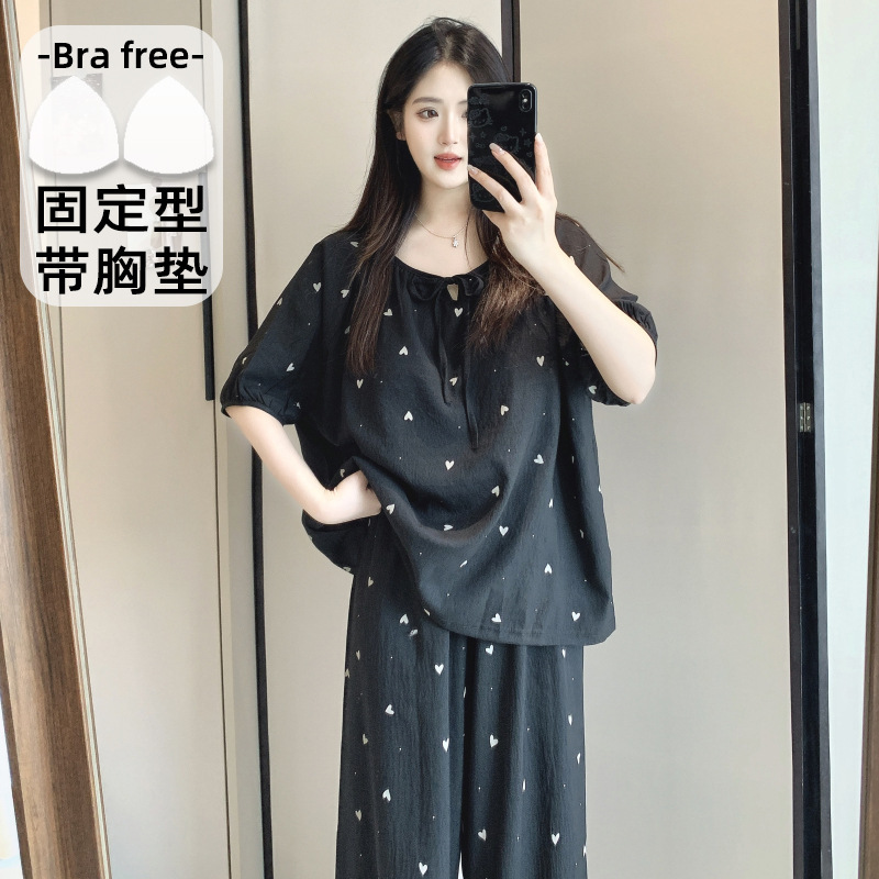 Summer Cute Women's Korean Style Short-Sleeved Suspenders with Chest Pads and Short-Sleeved Trousers Pajamas Women's Home Wear Set